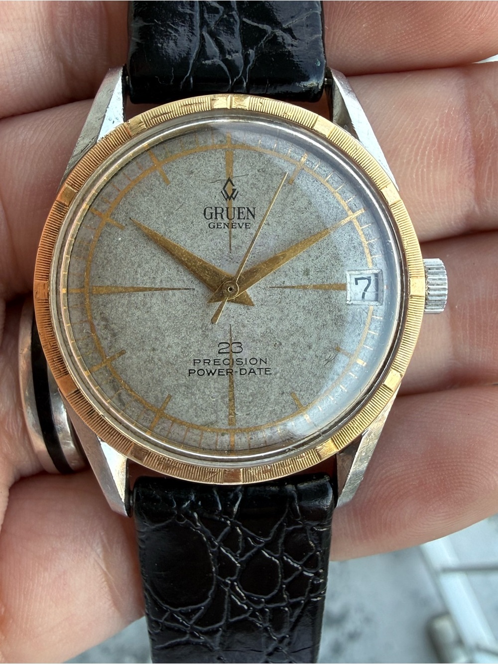 Vintage 1950’s 14k gold & Steel Gruen Genève Presicion Power 34mm - Picture 4 of 16